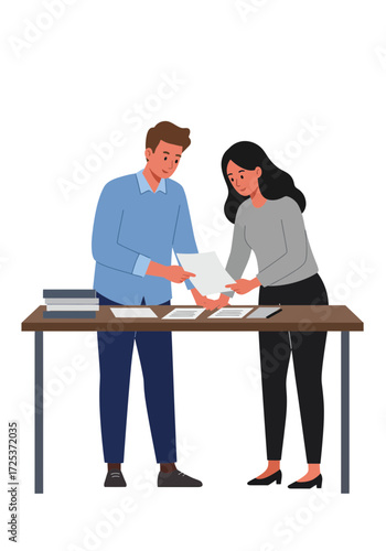 Dynamic team collaborating on documents at office table, reviewing reports, working together, brainstorming ideas, planning strategy, professional teamwork