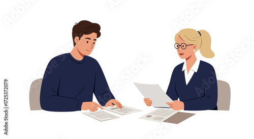 Two professionals collaborating on documents, reviewing business plans, or negotiating a deal with confident expressions in a modern setting, teamwork