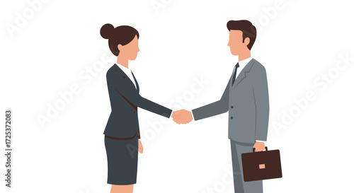 Successful business meeting with handshake sealing the deal between confident man with briefcase and businesswoman, partnership in action, vector feel