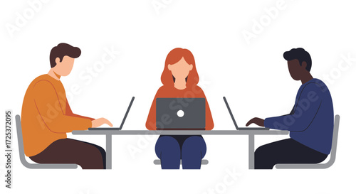 Team collaboration in action three colleagues work together on laptops around a table fostering innovation and success in a modern workspace setting