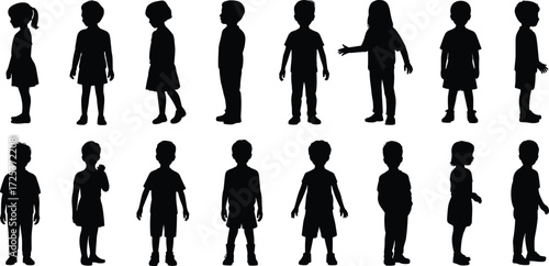 Children silhouette collection, kids vector illustration, childhood poses clipart, boy and girl icons, family design elements, school children posture set