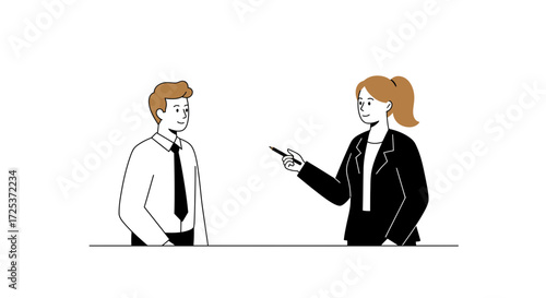 Dynamic business meeting with focused woman explaining strategy to attentive colleague, ideal for corporate communication, leadership, and teamwork visuals