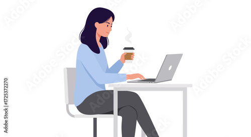 Dynamic professional woman working remotely with coffee in hand, showcasing modern work lifestyle and digital nomad spirit, ideal for business and technology use