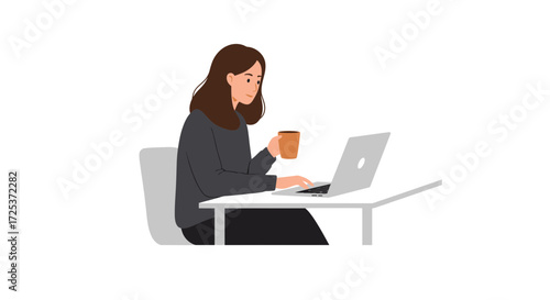 Young woman enjoying coffee while working remotely on her laptop, embracing the flexibility of modern work life and productivity, a digital nomad lifestyle