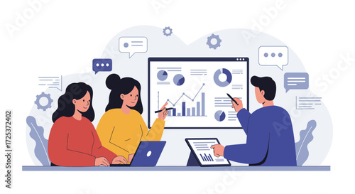 Team collaborating analyzing business data for strategic planning, leveraging insights from charts and graphs for effective decisions and growth opportunities