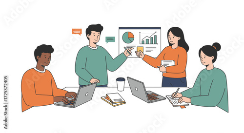 Engaged team collaborating on business growth strategy, reviewing data charts and planning together in a modern workspace, driving innovation and success