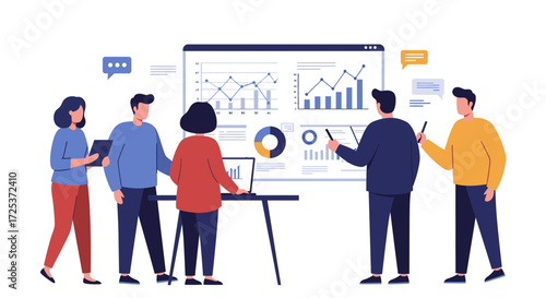 Dynamic team analyzing data charts and graphs during a collaborative business meeting, brainstorming for success and visualizing growth strategies together
