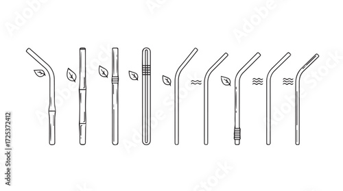 Collection of reusable straws diverse styles shapes materials cleaning tools detailed line drawings vector