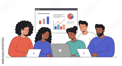 Diverse team collaborating on data analysis, showcasing positive growth with modern visuals, ideal for business presentations and collaborative projects, a scalable graphic