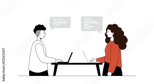 Dynamic team collaborating remotely with laptops, exchanging ideas in a modern workspace, fostering innovation and communication for business growth and success