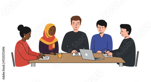 Diverse team collaborating around a table for innovative brainstorming, fostering inclusivity and professional growth in a modern work environment