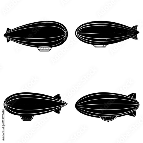 Four vintage airships in black and white with detailed gondolas and streamlined designs floating in air