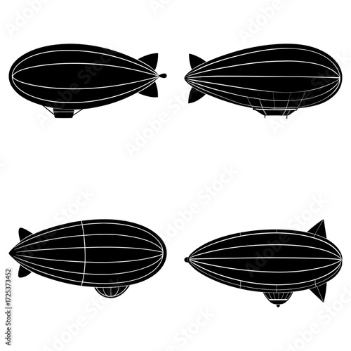 Four different black and white illustrations of vintage airships with gondolas and tail fins design