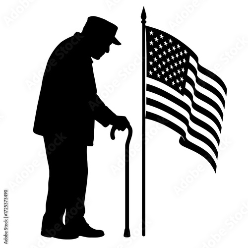 One Old Veteran Silhouette with American Flag