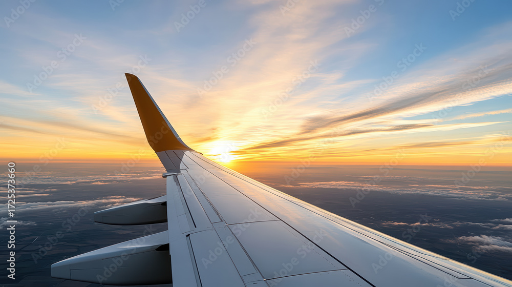 Fototapeta premium Aerial view of airplane wing during sunset with vibrant colors and clouds below