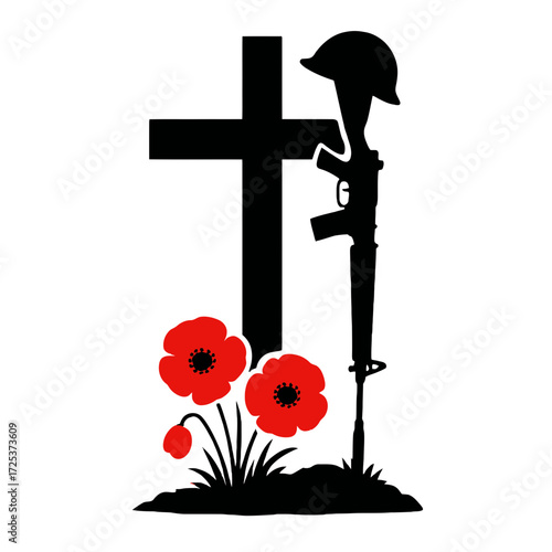 Military Grave Cross with Helmet and Poppy Flowers  vector 