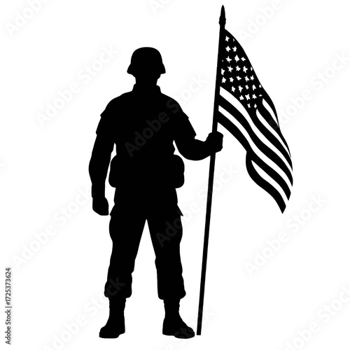 Standing American Soldier Holding Flag Silhouette