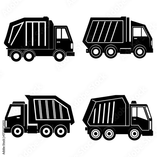 Collection of four garbage trucks in black silhouette with different container designs on a white background