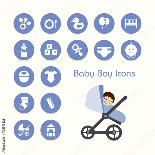 Baby boy on stroller and icons set