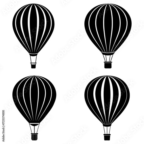 Four black and white hot air balloons with vertical stripes in a square formation on a white background