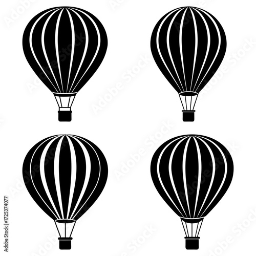 Four black and white hot air balloons with vertical stripes floating in the sky in a simple arrangement