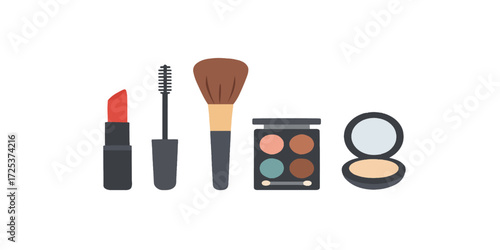 Print  Flat vector makeup tools set – lipstick, mascara, blush brush, eyeshadow palette, compact powder – professional cosmetic icons, isolated on white.