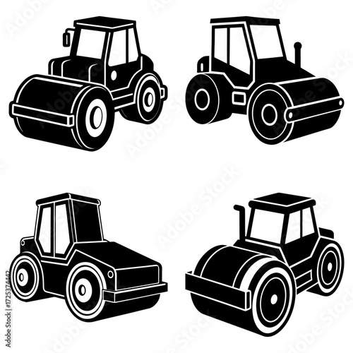 Four black and white road roller illustrations with different designs and orientations on a white background
