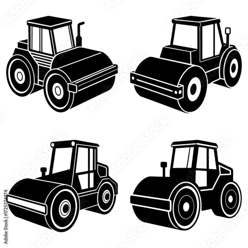 Illustration showing four different black and white steamrollers in a symmetrical arrangement on a white background