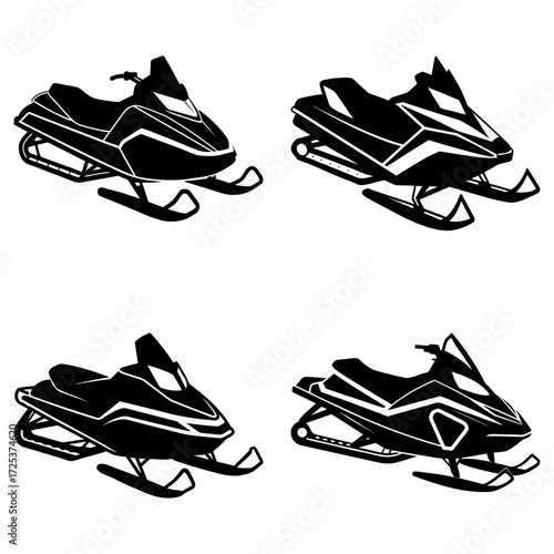 Four black and white snowmobiles in different angles and designs on a white background illustration art