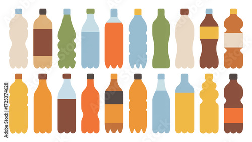 A flat, minimalist illustration of 20 plastic beverage bottles arranged in two rows against a white background. 