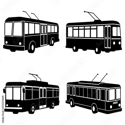 Four black and white trolleybuses with visible windows and overhead electrical wires in a square arrangement