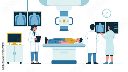 A medical illustration in a flat, minimalist style showing a radiology room scene 