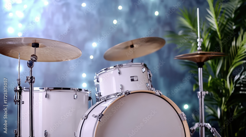 Obraz premium Close up of drum kit with vibrant background and decorative plants, creating lively atmosphere
