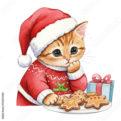 Cute ginger cat in Santa hat thinking while holding a plate of festive cookies, surrounded by holiday decorations and gift box