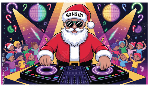 Vector art of santa claus dj mixing music at a party
