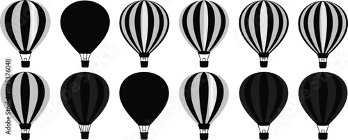 Hot air balloon silhouettes, travel vector set, adventure flight icons, sky journey graphics, festival design pack, floating balloon art, aviation symbols