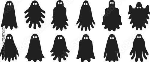 Ghost silhouette icons, spooky spirit vector set, Halloween monster graphics, creepy figure illustration, haunted design pack, scary shadow art, phantom symbols