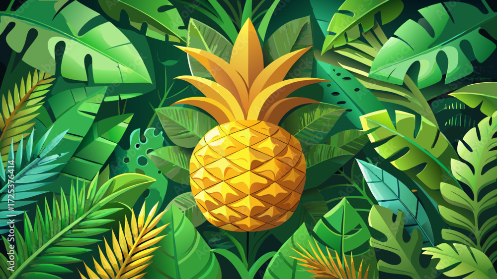 Fototapeta premium Tropical pineapple in 3D paper cut style, golden fruit with lush green leaves, exotic summer design, decorative poster vector, vibrant paradise vibes, botanical tropical card, jungle inspired i