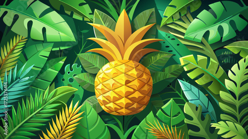 Tropical pineapple in 3D paper cut style, golden fruit with lush green leaves, exotic summer design, decorative poster vector, vibrant paradise vibes, botanical tropical card, jungle inspired i