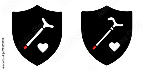 Protection and care symbol, healthcare and disability support icon, shield with cane concept for elderly safety, medical security and social assistance, vector illustration for inclusive design