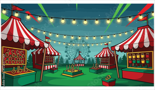 Vector art of a colorful carnival with game booths at night