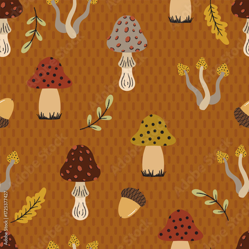 Autumn Mushrooms and Botanicals Vector Seamless Pattern
