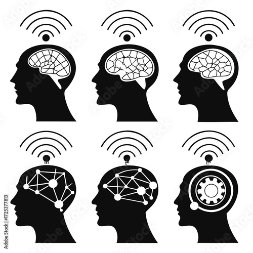 Six stylized black and white icons of human heads with brains and wireless signals silhouette