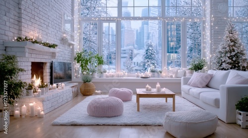 Cozy Christmas Decorated Living Room with White Sofa and Fireplace at Snowy Winter Window