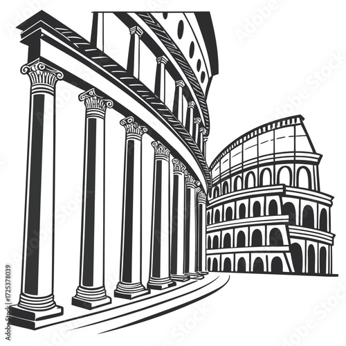 Black and white illustration of the Colosseum and Roman columns Rome Italy