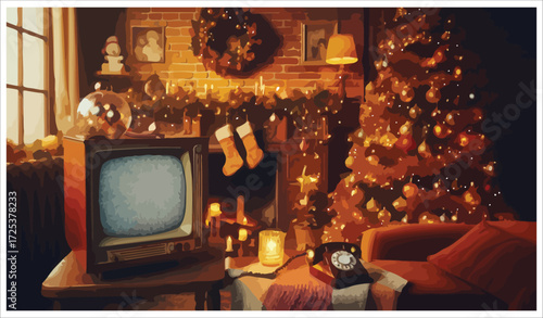 Vector art of vintage christmas living room at night time