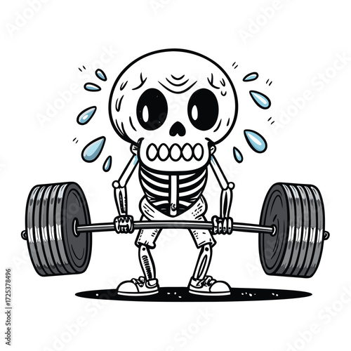 Cartoon skeleton struggling to lift heavy barbell with sweat drops and worried expression weightlifting
