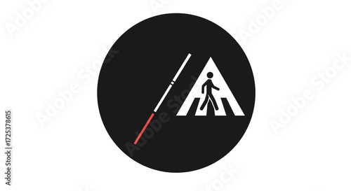 White cane with pedestrian crosswalk icon, accessibility and safety symbol for blind and visually impaired people, inclusive design, disability awareness, mobility aid vector illustration