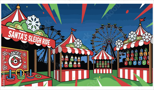 Vector art of christmas carnival game booths at night