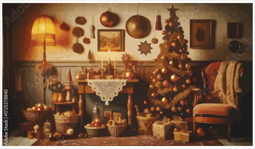 Vector art of cozy christmas scene with decorated tree